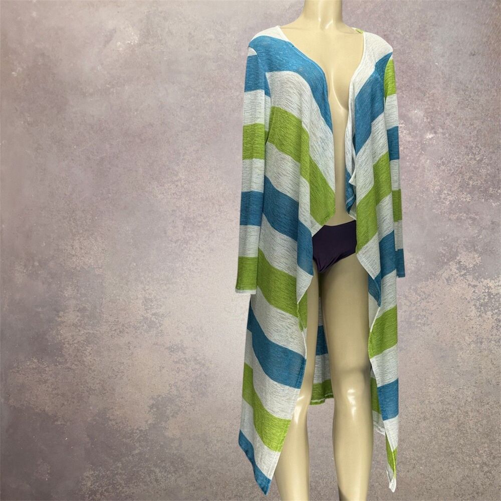 Cavari Blue Green White Striped Waterfall Cardigan High-Low Open Front XL